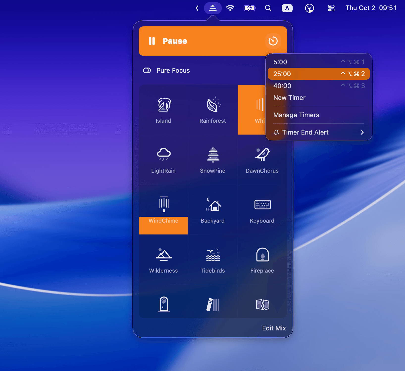 Focast timer controls in the Mac menu bar